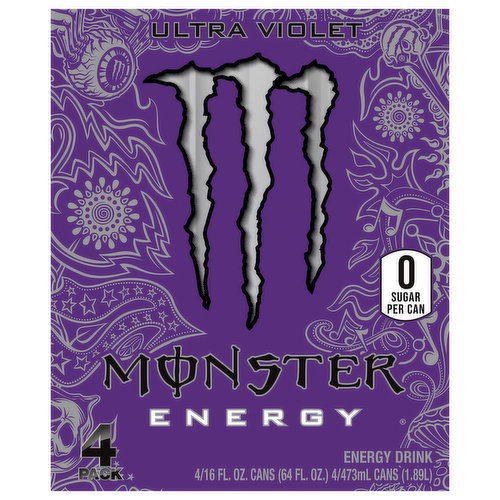 Monster Energy Energy Drink, Zero Sugar, Ultra Violet, 4 Pack