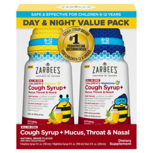 Zarbee's Cough Syrup + Mucus, Throat & Nasal, All-in-One, Children's, Natural Grape Flavor, Day & Night Value Pack