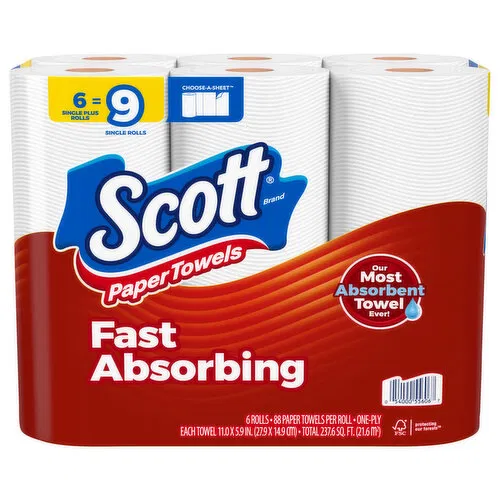 Scott Paper Towels, Fast Absorbing, One-Ply