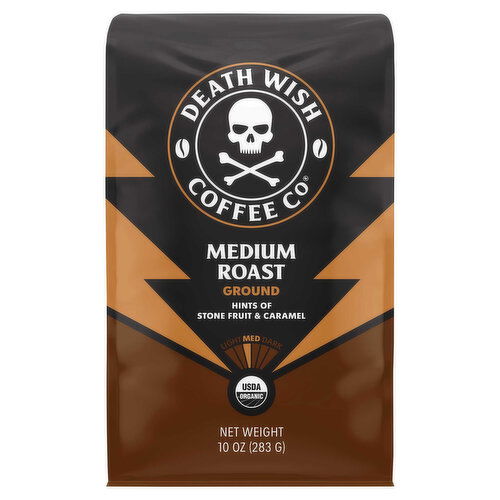 Death Wish Coffee Co Coffee, Ground, Medium Roast, Hints of Stone Fruit & Caramel