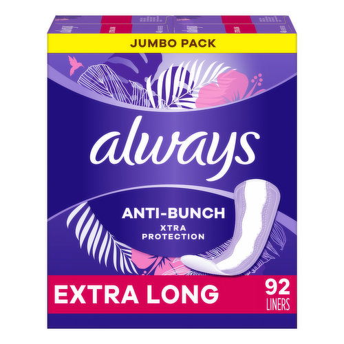 Always Daily Liners Always Anti-Bunch Xtra Protection Daily Liners, Extra Long, Unscented, 92 CT