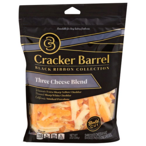 Cracker Barrel Shredded Cheese, Three Cheese Blend, Bold Cut