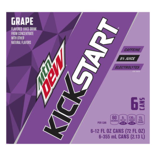 Mtn Dew KickStart Juice Drink, Grape Flavored, Electrolytes, 6 Pack