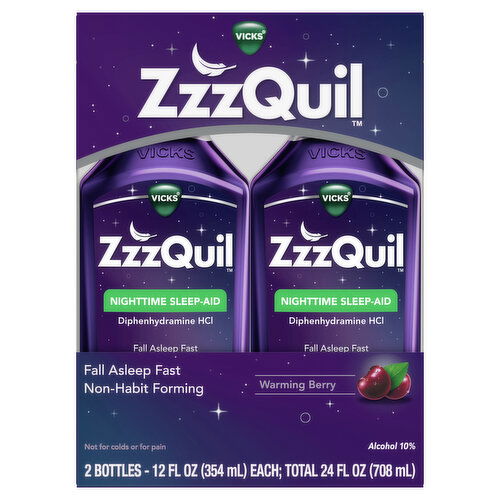 Vicks ZzzQuil Liquid Sleep Aid, Diphenhydramine 50mg HCl, Warming Berry Flavored, 2 Pack, 24 FL OZ