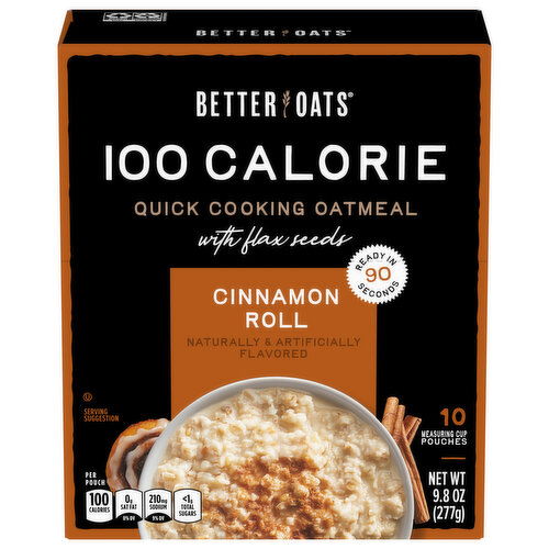 Better Oats Oatmeal, with Flax Seeds, 100 Calorie, Quick Cooking, Cinnamon Roll