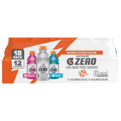 Gatorade Zero Thirst Quencher, Zero Sugar, Berry/Glacier Cherry/Glacier Freeze, 18 Pack