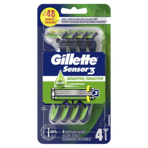 Gillette Sensor3 Sensitive Men's Disposable Razor, 4 Razors