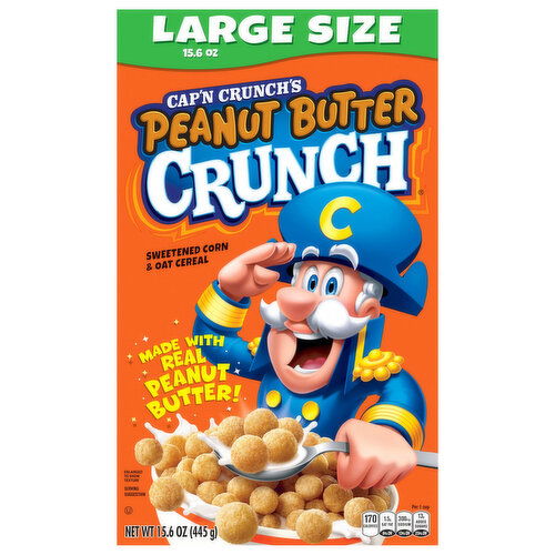 Cap'n Crunch Cereal, Sweetened Corn & Oat, Peanut Butter Crunch, Large Size