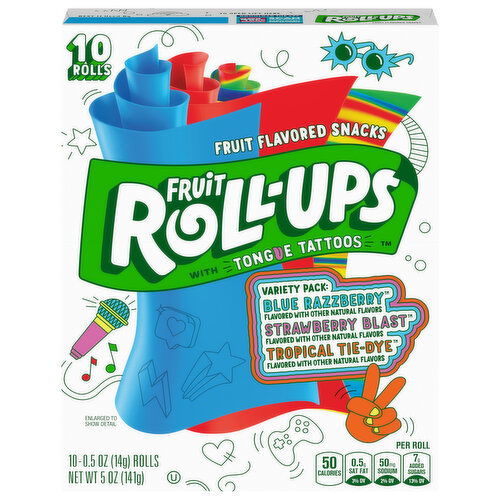 Fruit Roll-Ups Fruit Flavored Snacks, with Tongue-Tattoos, Strawberry Blast/Tropical Tie-Dye/Blue Razzberry, Variety Pack