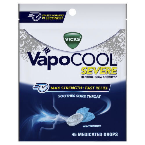 Vicks Severe VapoCool Severe Max Strength, Medicated Sore Throat Drops, Menthol