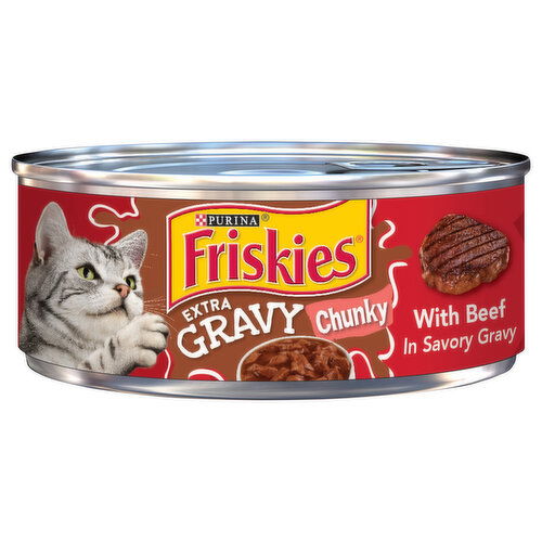 Friskies Cat Food, with Beef in Savory Gravy, Extra Gravy, Chunky, Adult