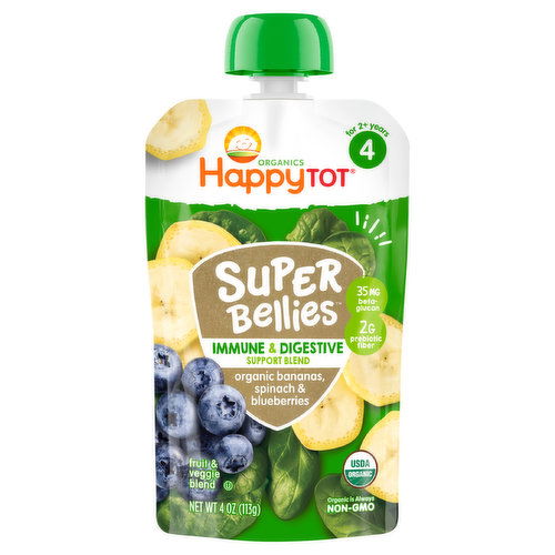 HappyTot Organics Fruit & Veggie Blend, Organic Bananas, Spinach & Blueberries, Immune & Digestive Support Blend, Super Bellies, 4 (For 2+ Years)