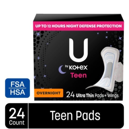U By Kotex Teen Thin Feminine Pads with Wings, Overnight, Unscented