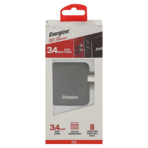 Energizer Wall Charger, Dual USB, 3.4 Amp