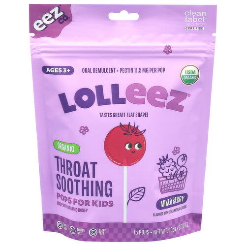 EEZ Co. Lolleez Throat Soothing Pops, Organic, For Kids, Mixed Berry