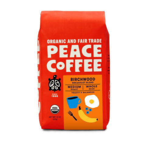 Peace Coffee Organic Whole Bean Coffee, Birchwood, Breakfast Blend, Medium Roast