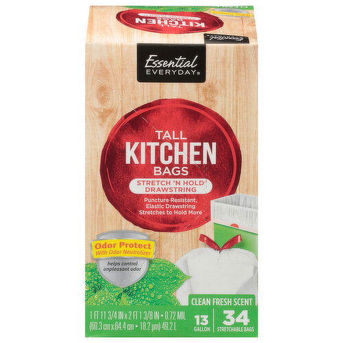 Essential Everyday Kitchen Bags, Stretch 'N Hold Drawstring, Clean Fresh Scent, 13 Gallon, Tall