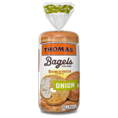 Thomas' Onion Pre-sliced Bagels, 6 count, 20 oz