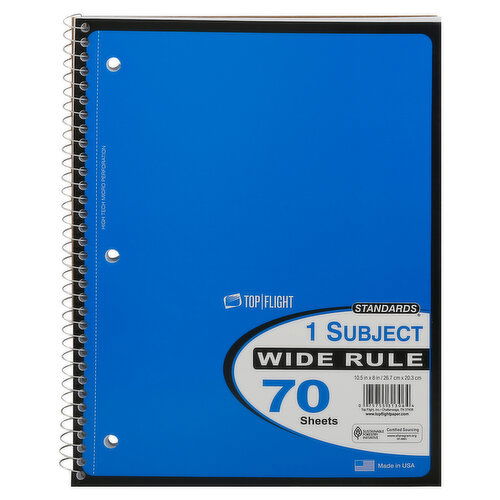 Top Flight Standards Notebook, Wide Rule, 1 Subject, 70 Sheets