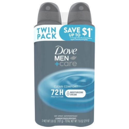 Dove Men+Care Antiperspirant, Dry Spray, Twin Pack