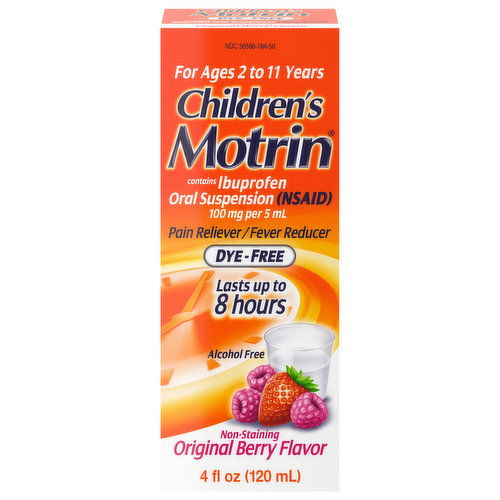 Motrin Pain Reliever/Fever Reducer, Dye-Free, Non-Staining, Original Berry Flavor