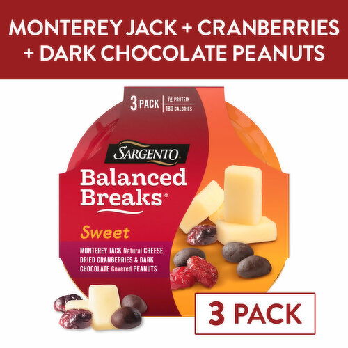 SARGENTO Sweet Balanced Breaks® Monterey Jack Natural Cheese, Dried Cranberries and Dark Chocolate Covered Peanuts, 3-Pack