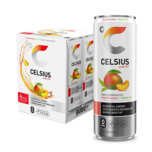 CELSIUS Fizz Free Peach Mango Green Tea, Essential Energy Drink