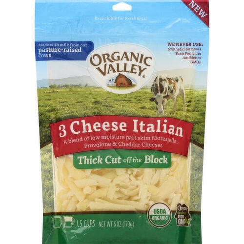 Organic Valley Cheese, 3 Cheese Italian, Thick Cut Off The Block