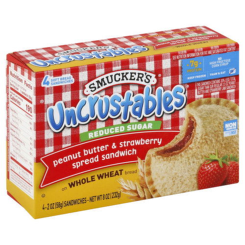 Smucker's Uncrustables Sandwich, Reduced Sugar, Peanut Butter & Strawberry Spread, on Whole Wheat Bread