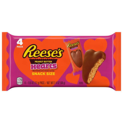 Reese's Hearts, Peanut Butter, Snack Size, 4 Pack