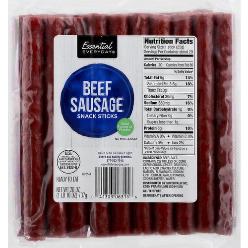 Essential Everyday Snack Sticks, Beef Sausage