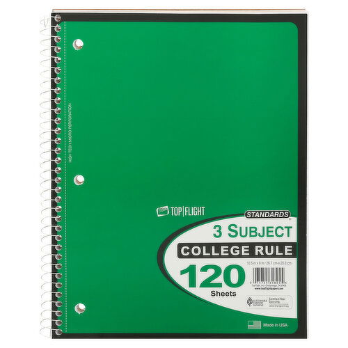 Top Flight Standards Notebook, 3 Subject, College Rule, 120 Sheets