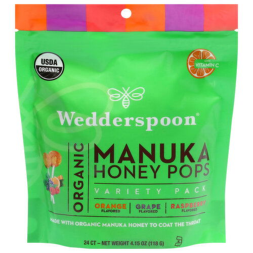 Wedderspoon Honey Pops, Organic, Manuka, Orange Flavored, Grape Flavored, Raspberry Flavored, Variety Pack