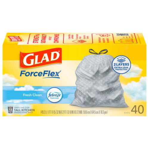 Glad ForceFlex Bags, Drawstring, Kitchen, Fresh Clean with Febreze Freshness, 13 Gallon, Tall