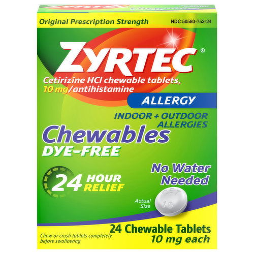 Zyrtec Allergy, Original Prescription Strength, 10 mg, Chewable Tablets