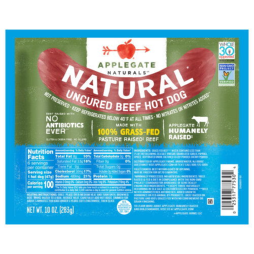 Applegate Naturals Hot Dog, Beef, Uncured, Natural