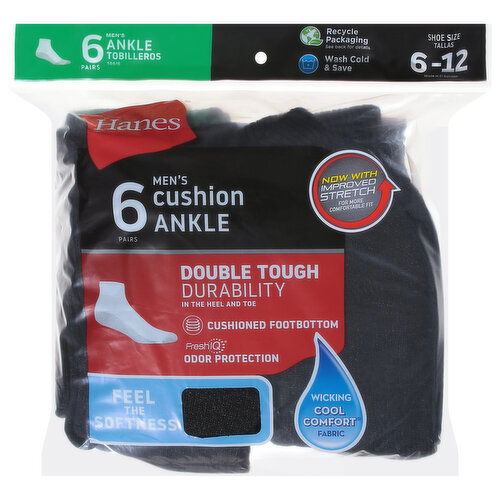 Hanes Socks, Cushion Ankle, Men's, Black