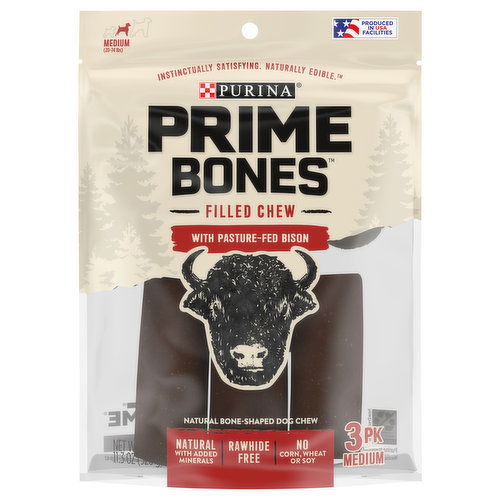 Purina Prime Bones Filled Chew, with Pasture-Fed Bison, Medium, 3 Pack