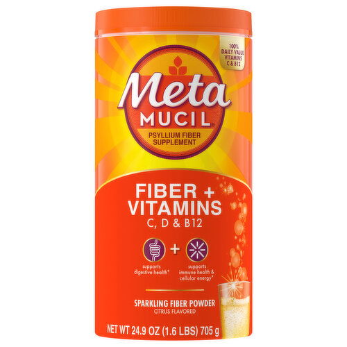 Metamucil Fiber Powder, Sparkling, Fiber + Vitamins, Citrus Flavored