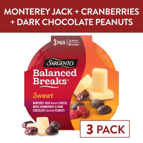 SARGENTO Sweet Balanced Breaks® Monterey Jack Natural Cheese, Dried Cranberries and Dark Chocolate Covered Peanuts, 3-Pack