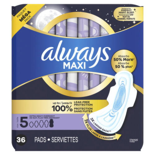 Always Maxi Maxi Overnight Pads with Wings, Size 5