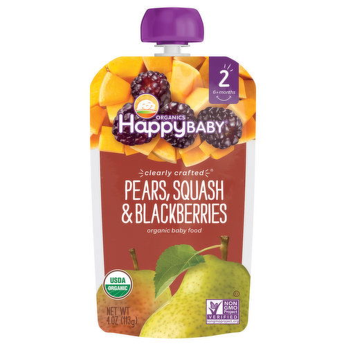 Happy Baby Organics Baby Food, Organic, Pears, Squash & Blackberries, 2 (6+ Months)