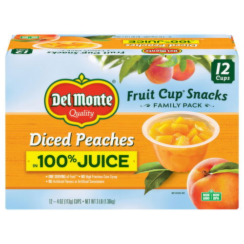 Del Monte Fruit Cup Snacks, Diced Peaches in 100% Juice, Family Pack