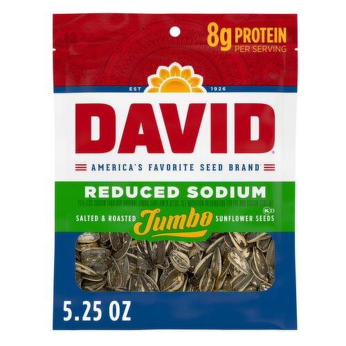 DAVID Reduced Sodium Salted and Roasted Jumbo Sunflower Seeds Keto Friendly Snack Reduced Sodium Salted and Roasted Jumbo Sunflower Seeds Keto Friendly Snack