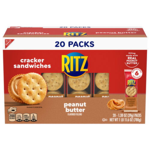RITZ Peanut Butter Sandwich Crackers, Lunch Snacks, 20 Snack Packs (6 Crackers Per Pack)