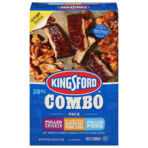 Kingsford Combo Pack, with Sweet & Smoky Kansas City Style BBQ Sauce, Pulled Chicken/St. Louis Style Center Cut Pork Ribs/Pulled Pork