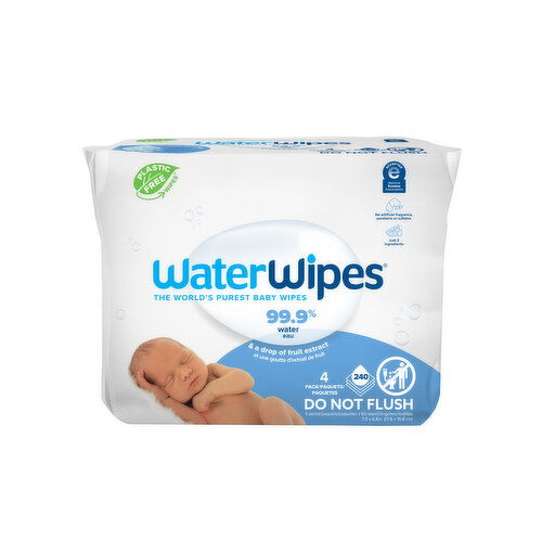 WaterWipes Original 99.9% Water Based Baby Wipes, Unscented & Hypoallergenic for Sensitive Skin, 4 Packs