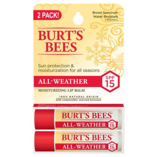 Burt's Bees Lip Balm, Moisturizing, All-Weather, SPF 15, 2 Pack