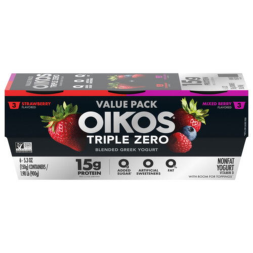 Oikos Triple Zero Nonfat Blended Greek Strawberry Flavored/Mixed Berry Flavored Yogurt Value Pack