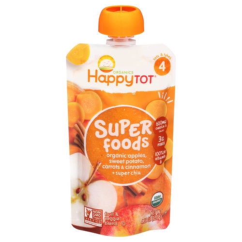 HappyTot Organics Fruit & Veggie Blend, Organic Apples, Sweet Potato, Carrots, Cinnamon & Chia, Super Foods, 4 (2+ Years)